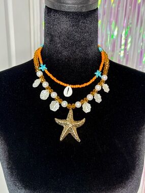 Gold Starfish Necklace Bundle W/Orange Beads & Turquoise Accents Summer Perfect
